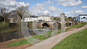 Monnow Bridge Monmouth Wales uk medieval fortified river bridge and tourist attraction pan