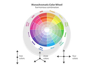 Monochromatic color wheel, color scheme theory. Circular color scheme with a harmonious selection of colors, vector isolated or wh photo