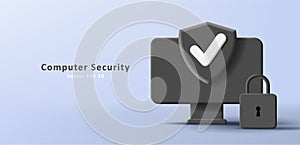 Mono chrome 3d illustration of encrypted computer with shield and padlock