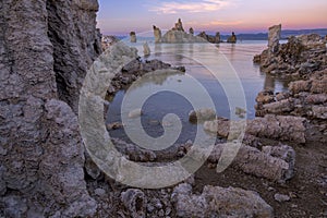 Mono Lake, a large, shallow saline soda lake. Outliers - bizarre calcareous tufa rock formation in Mono County, California, USA