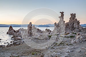 Mono Lake with tufa rock at sunset in Mono County, California, USA