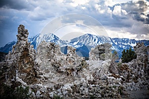 Mono Lake tufa towers formations with the snowcapped Sierra Nevada mountains in the background