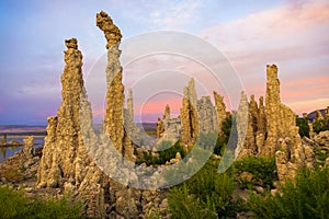 Mono Lake Tufas with pink, purple, and blue sunset hues