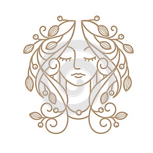 mono line girl face with floral vector illustration