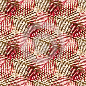 Mono print style feathered leaves seamless vector pattern background. Brown red criss cross texture blended lino cut