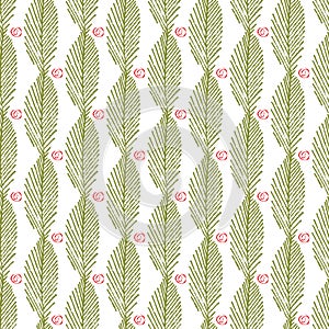 Mono print style leaves berries seamless vector pattern background. Vertical columns of green painterly foliage and