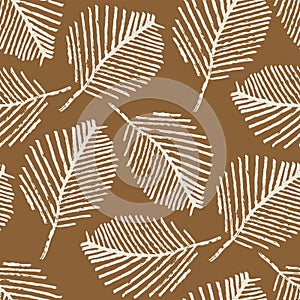 Mono print style scattered leaves seamless vector pattern background. Simple lino cut effect skeleton leaf foliage on photo