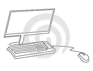 Monoblock computer with keyboard and computer mouse. Office equipment. Vector illustration, continuous line drawing