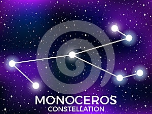 Monoceros constellation. Starry night sky. Cluster of stars and galaxies. Deep space. Vector