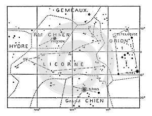 Monoceros or Unicorn Constellation, vintage engraving