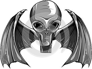 monochromatic alien head with bat wing on white background