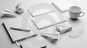 A monochromatic arrangement featuring various white objects on a white background. Includes a