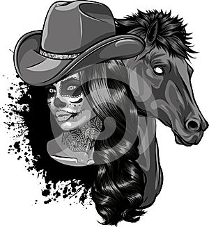 monochromatic beautiful cowgirl wearing cowboy hat and horse head