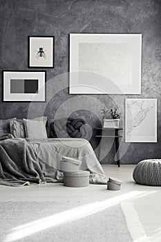 Monochromatic bedroom with gray pillows