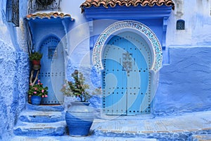 monochromatic blue streetscape in the heart of Morocco