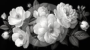 Monochromatic botanical illustration of blooming flowers., Generated AI
