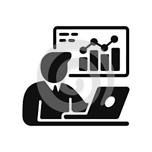 Monochromatic Business Analytics Laptop Worker Vector Icon - Digital Growth Strategy Graphic