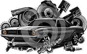 monochromatic car components collection witn automobile motor engine piston steering wheel tire headlights speedometer