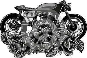 monochromatic classic cafe racer motorcycle and roses