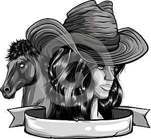 monochromatic cowgirl woman wearing cowboy hat and with wild mustang horse head vector