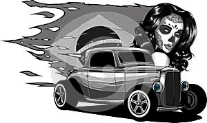 monochromatic custom hot rod with girl and brazil flag