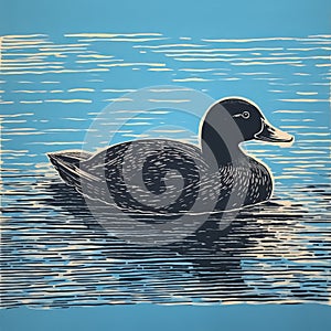 Monochromatic Depth: Black Duck On Blue Woodblock