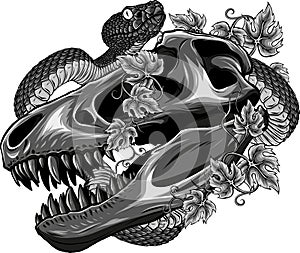 monochromatic dinosaur skull with snake and leaves