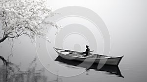 Monochromatic Elegance: Rowing A Boat In A Dreamy Lake