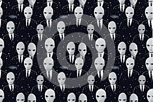 Monochromatic Extraterrestrial Portraits: Alien Faces and Torsos in Suits on Black Background with Galaxies photo