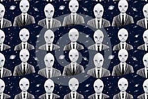 Monochromatic Extraterrestrial Portraits: Alien Faces and Torsos in Suits on Blue Background with Galaxies photo