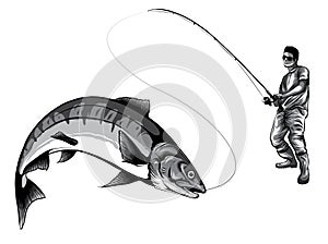 Monochromatic Fishing design for vector. A fisherman catches a boat on a wave.