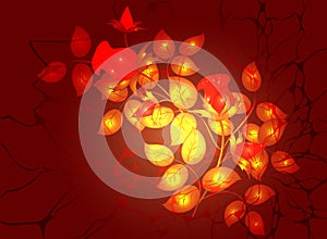 Monochromatic floral arrangement in a Golden and fiery colors, vignette on dark red background. EPS10 vector