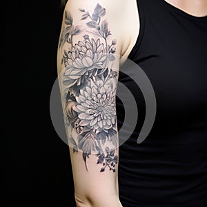 Monochromatic Floral Tattoo: A Woman\'s Arm Adorned With Chrysanthemum Blooms