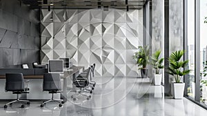 A monochromatic geometric ceramic wall installation adding texture and depth to a sleek office space.