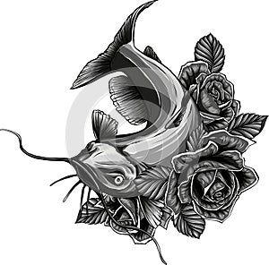 monochromatic illustration of a big freshwater catfish with flower