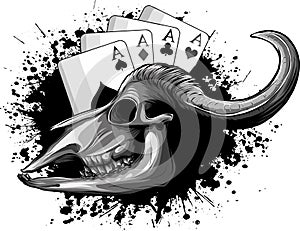 monochromatic illustration of cow skull vwith poker aces