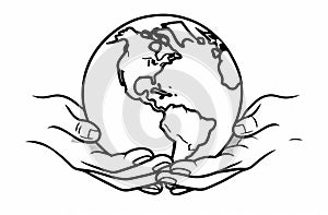 A monochromatic illustration featuring two hands cradling a globe