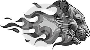 monochromatic illustration of Flaming Fire Lion head