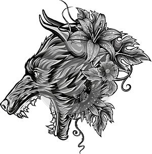 monochromatic illustration of Flowers and wolf's head