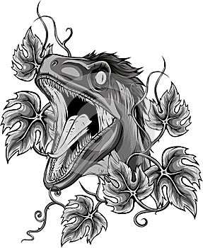 monochromatic illustration of raptor head with leaves
