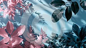 A monochromatic image of tropical leaves in various shades of baby blue and pink with soft shadows on a matching background top