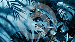 A monochromatic image of tropical leaves in various shades of blue with soft shadows on a matching background top view. Botanical