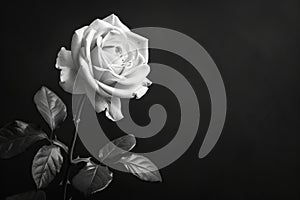 Monochromatic image of a white hybrid tea rose with leaves on a dark background. Copy Space