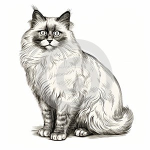 Monochromatic Ink Wash Illustration Of A Dignified Long Hair Cat