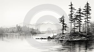 Monochromatic Ink Wash: Tranquil Lake And Forest Landscape Sketch