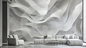 A monochromatic interior is brought to life with an abstract threedimensional wall mural. The mural depicts overlapping photo