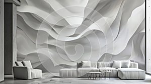 A monochromatic interior is brought to life with an abstract threedimensional wall mural. The mural depicts overlapping