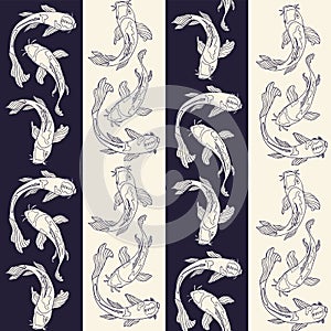 Monochromatic koi fish or Japanese carps on vertical stripes with alternated colors representing yin and yang in a traditional