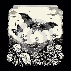 Monochromatic Landscape: Bat Flying Among Flowers