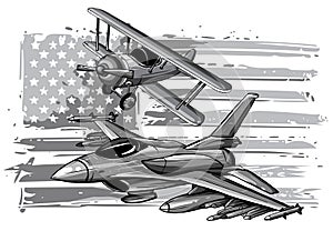 Monochromatic Military plane fired a missile. Fighter jet vector illustration.